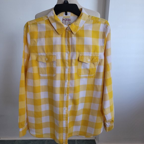 Old Navy Tops - Old Navy Plaid Yellow Checkerboard Button Lightweight Flannel Shirt (Size: XL)